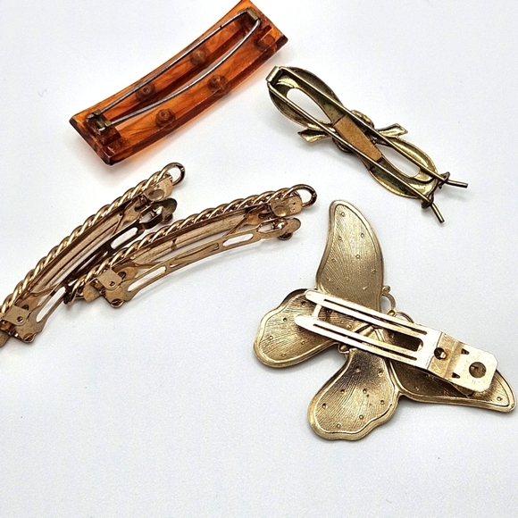 VINTAGE Hair Clip Barrette Lot Gold Tone Butterfly Rhinestone Bow Set of 5 - Picture 2 of 6